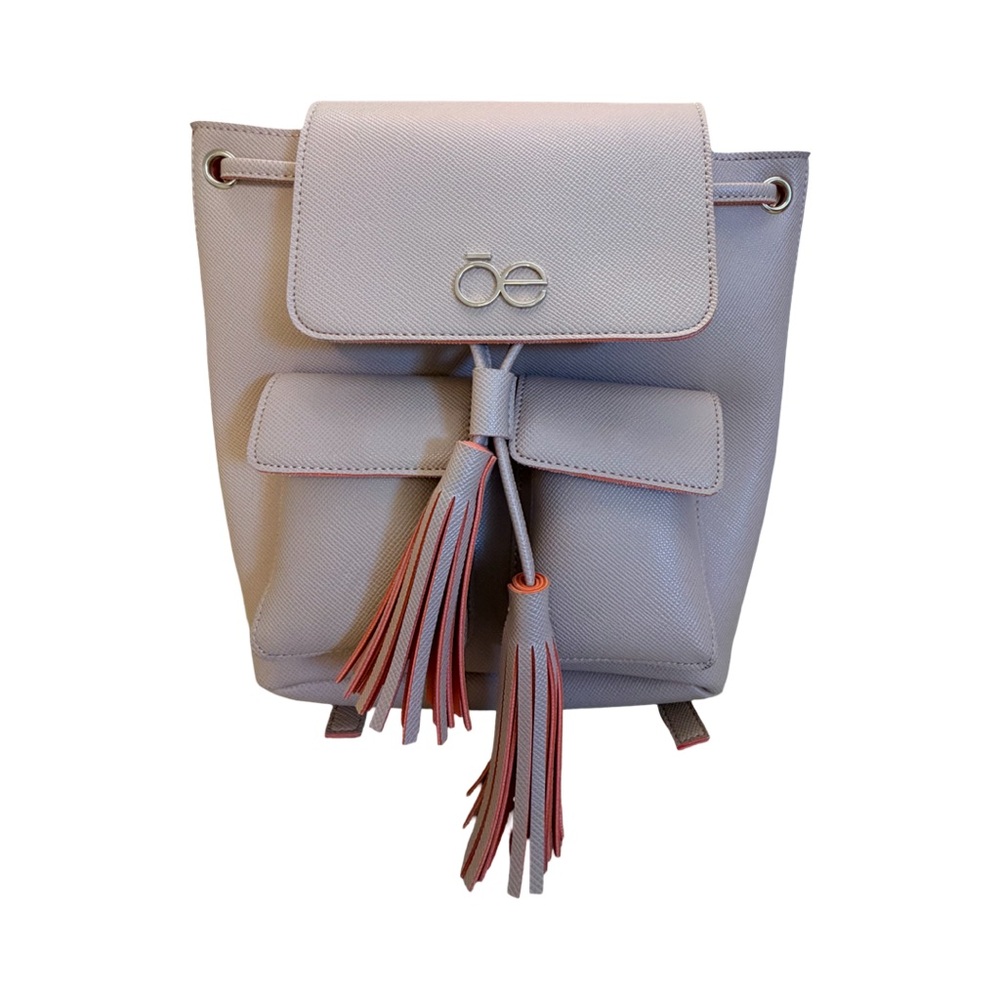 Ōe Mini Backpack Gray Faux‎ Leather Tassel Drawstring Top Flap Pockets - Picture 2 of 8